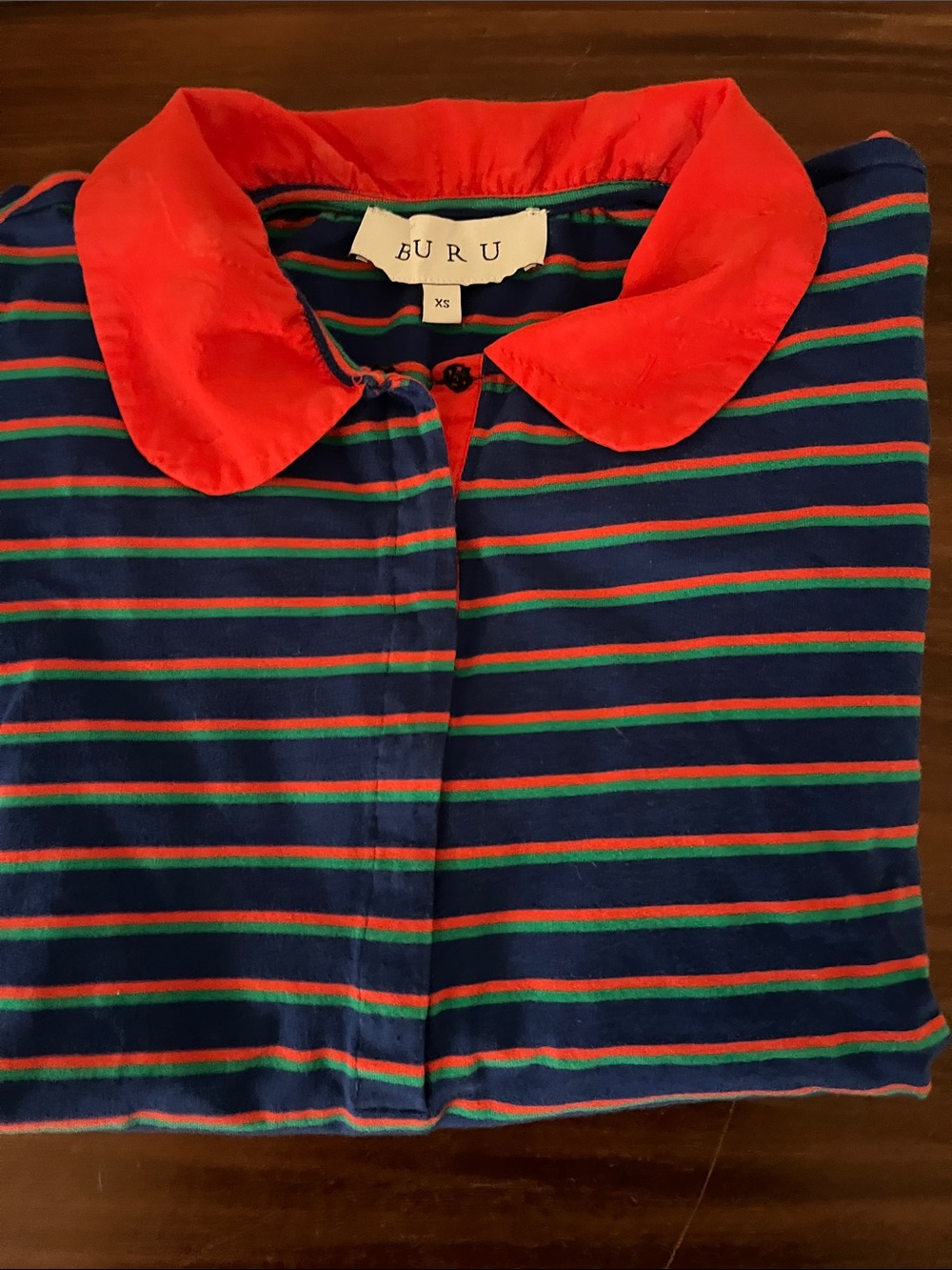 BURU Striped Long-Sleeve Polo Top - Navy with Red Collar